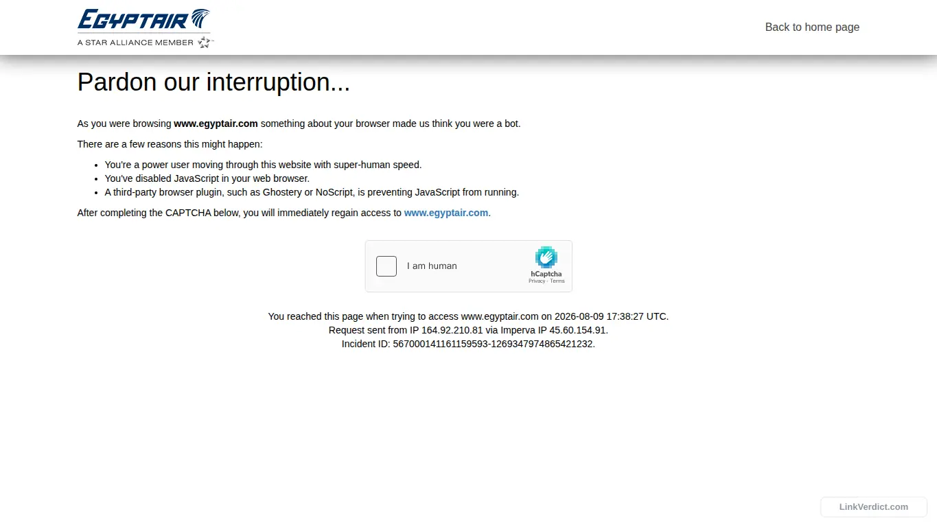 LinkVerdict screenshot preview for egyptair.com