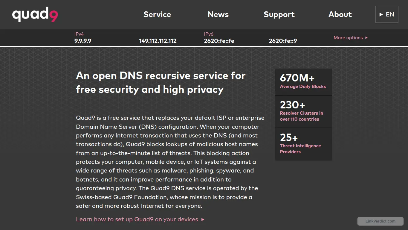 LinkVerdict screenshot preview for quad9.net